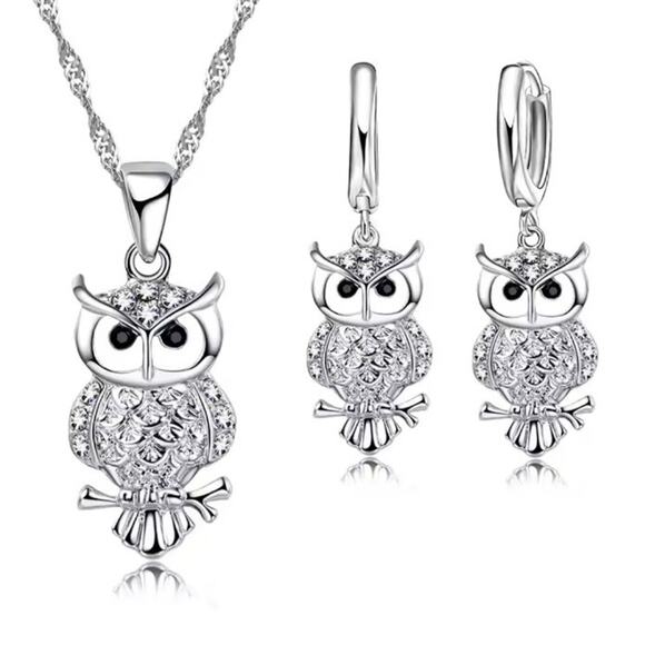 Women's 925 Silver Owls Necklace & Earring Set CZ Diamonds Valentine's Birthday - Picture 1 of 5